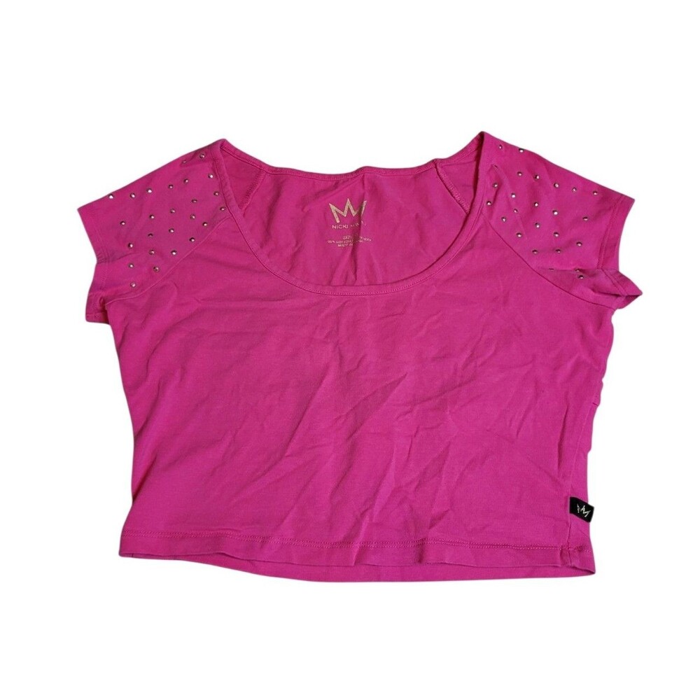 Nicki Minaj Women's Pink Cropped T-Shirt w/ Stud Sleeves & Keyhole Back Size Med